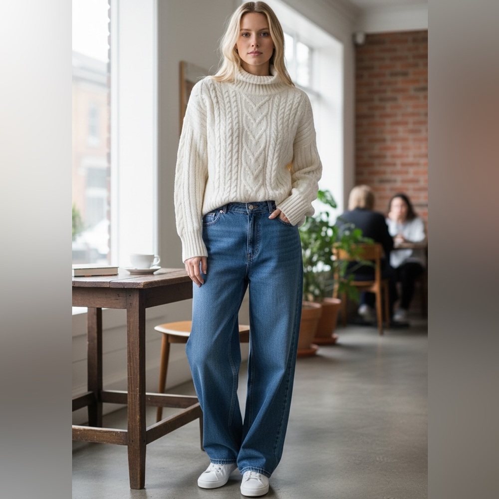 VTG one step up size S cotton blend Cozy Cable Knit Turtleneck Sweater - Cream‎